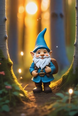 a little gnome walking  through a forest , three  quarters  view, large forest small gnome, dusk time, fire flies , sunset seen through the trees, whimsical  environment. 