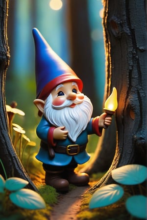 a little gnome walking  through a forest , three  quarters  view, large forest small gnome, dusk time, fire flies , sunset seen through the trees, whimsical  environment. 