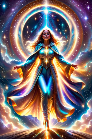 a female  angel shrouded in cloak of light and stars descends down to earth ,portals of light ,light being,stars,enchanted,fantasy,visionary art,dynamic beautiful environment , 