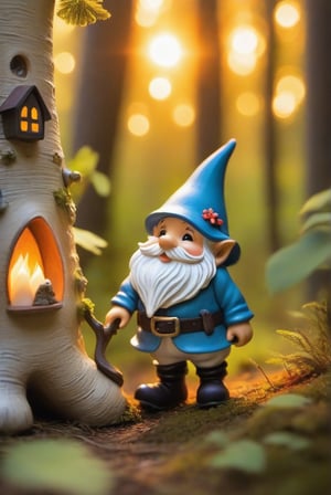 a little gnome walking  through a forest , three  quarters  view, large forest small gnome, dusk time, fire flies , sunset seen through the trees, whimsical  environment. 