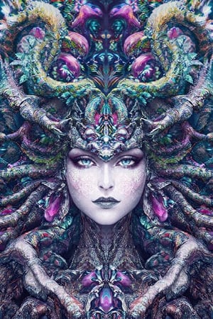 visionary art ,pen art,Dark Dramatic Ancient Elegant dark Goddess of the night , woman seen from the waist up, by Anna Dittmann and android jones,perfectly symmetrical image,Vibrant, In Watercolour,pen art, visionary art, symmetrical, beautiful detailed eyes (masterpiece, best quality, ultra-detailed), (perfect anatomy), High detailed, detailed background, anatomically correct, beautiful face, detailed hands, perfect eyes, expressive eyes, score_9, score_8_up, score_7_up, best quality, masterpiece, 16k,vivid colors,neon highlights,uv, 