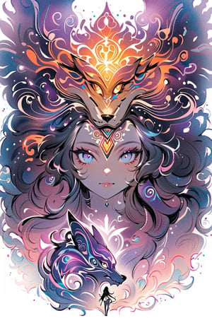 visionary art ,pen ink art medium ,Dark Dramatic Ancient Elegant Egyptian Goddess and a wolf spirit, by Anna Dittmann and android jones, Vibrant, done with Watercolour and  pen ink, visionary art, symmetrical ,visionary art,Flat art , 6 colors. Heavy line weight. Illustration scene Dark Dramatic Ancient Elegant Egyptian Rain Goddes and her wold water spirit, Simplistic. Minimalistic. Vibrant color. no shading . No highlights . Flat art