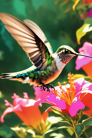 Pop Art Close-up shot of aa hummingbird feeding from a flower,from an anime-style illustration, rendered in realistic sketch style. The scene is framed within a out of focus garden background that fades , adding depth and mystery.