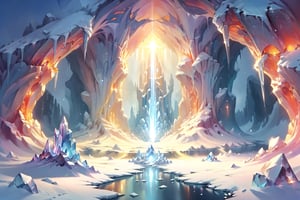 a crystal cave open up to a snow landscape with a giant portal of transcendent light  beaming up into the sky, 