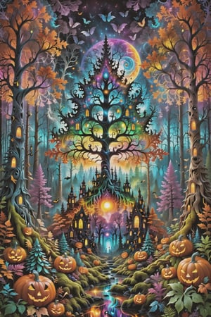 a forest of transcendence that opens up to the surroundings breaking down physical reality into the spirit realm . , fractals, vivid color, 
 . Spirit realm, metaphysical realm, esoteric,style , psychedelic landscape  , (masterpiece, best quality, ultra-detailed), (perfect hands, perfect anatomy), High detailed, detailed background, anatomically correct, , score_9, score_8_up, score_7_up, best quality, masterpiece, 4k,visionary art,ULTIMATE LOGO MAKER [XL],bl4ckl1ghtxl,dd4ught3r,Halloween