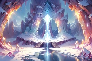 a crystal cave open up to a snow landscape with a giant portal of transcendent light  beaming up into the sky, 