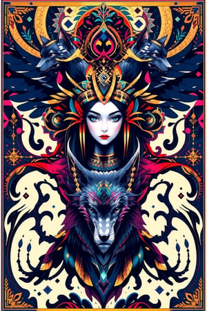 visionary art ,pen ink art medium ,Dark Dramatic Ancient Elegant Egyptian Goddess and a wolf spirit, by Anna Dittmann and android jones, Vibrant, done with Watercolour and pen ink, visionary art, symmetrical ,visionary art,Flat art , 6 colors. Heavy line weight. Illustration scene Dark Dramatic Ancient Elegant Egyptian Rain Goddes and her wolf and dragon water spirits, Simplistic. Minimalistic. Vibrant color. no shading . No highlights . Flat art, rug design,