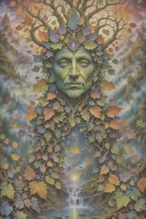  a fae guardian the green man is the bridge between the physical and the spirit realm , psychedelic visionary art . Shamanic visions . Spirit realm, metaphysical realm, esoteric,style ,medium shot, cowboy shot, perfect anatomy , psychedelic landscape surrounding THE GREEN MAN  FAE TREE SPIRIT , (masterpiece, best quality, ultra-detailed), (perfect hands, perfect anatomy), High detailed, detailed background, anatomically correct, ((geometric patterns of light over lays to signify the breaking down of physical reality into the spirit realm)) ,psychedelic visionary art,  , beautiful face, detailed eyes, detailed leaf patterns, by Brian Froud and Android Jones. perfect eyes, expressive eyes, score_9, score_8_up, score_7_up, best quality, masterpiece, ((the green man is a face made out of leaves that blends into the natural environment, not a full body man )) 4k,ULTIMATE LOGO MAKER [XL],DonMB4nsh33XL ,vivid colors,neon highlights,DonMW15pXL,bl4ckl1ghtxl,DonMSn0wM4g1cXL,DonM3lv3nM4g1cXL,Disney pixar style,halloween