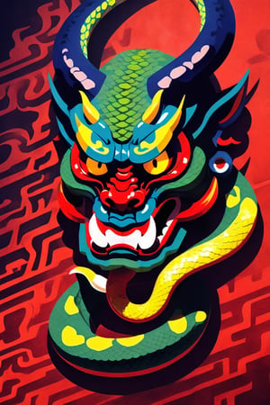 Pop Art  oni mask an serpant,cool snake and cool oni , japanese devil mask with a snake, panoramic view, extremely high-resolution details, photographic, , fine texture, incredibly lifelike perfect shadows, atmospheric lighting, volumetric lighting, sharp focus, focus on eyes, masterpiece,, simple image, the oni is breathing out smoke, uv colors ,eon highlights,