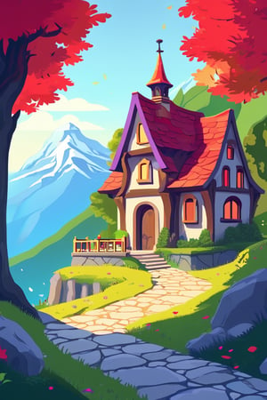 Flat art , 6 colors. Heavy line weight. Illustration scene Beautiful Elven storybook cottage in a Fantasy Elven Village in autumn , mountains and waterfalls in the distance,Cobblestone road,atmospheric sun rays,  colourful,  Renaissance architecture, Lovely, Picturesque,   environment. Simplistic.  Minimalistic.   Spider webs. Vibrant color.  no shading . No highlights . Flat art