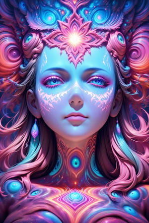 the most beautiful psychedelic visionary art shaman seen ,ever, ever created. ultra realistic. photo, high-density elements, and details. photo, fractal female shaman , sweetsmile, pastel colours, sacred geometry, glow, 