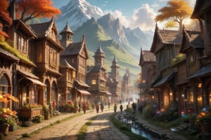  Beautiful Elven university and storybook cottages and shops  in a Fantasy Elven Village in autumn , mountains and waterfalls in the distance,Cobblestone road,atmospheric sun rays, gnomes elf villagers walking around,Trees, Hyperdetailed, colourful, digital Concept art, done on procreate,lightroom, Renaissance architecture, Lovely, Picturesque, Art by Eddie Mendoza, Studio Ghibli, Geometric Jean-baptiste Monge, Ivan Shishkin, Jordan Grimmer, An Jung-Hwan, yoann lossel, marc simonetti, HD, 8k,