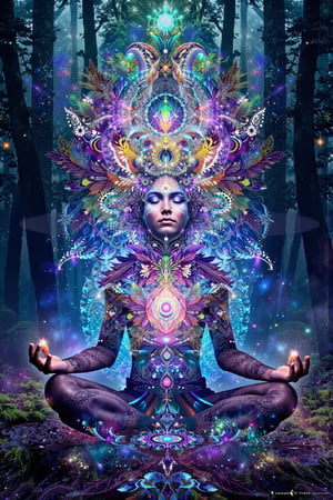 this person sits in a forest and transcends their ego mind and opens up to the spirit realm surrounding them. human in meditation, fractals, vivid color, "Visionary art is art that purports to transcend the physical world and portray a wider vision of awareness including spiritual or mystical themes, or is based in such experiences." , psychedelic visionary art ,animal spirits, ,spirits,spirit guides, , . Shamanic visions , ayahuasca visions . Spirit realm, metaphysical realm, esoteric,style, full body human,medium shot, perfect anatomy , psychedelic landscape surrounding the person , (masterpiece, best quality, ultra-detailed), (perfect hands, perfect anatomy), High detailed, detailed background, anatomically correct, beautiful face, detailed hands, perfect eyes, expressive eyes, score_9, score_8_up, score_7_up, best quality, masterpiece, 4k,visionary art,ULTIMATE LOGO MAKER [XL],bl4ckl1ghtxl