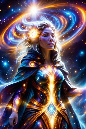 a female space shaman shrouded in cloak of light and stars,galaxy,space,portals,light being,stars,enchanted,fantasy,visionary art