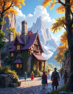  Beautiful Elven storybook cottage in a Fantasy Elven Village in autumn , mountains and waterfalls in the distance,Cobblestone road,atmospheric sun rays, gnomes elf villagers walking around,Trees, Hyperdetailed, colourful, digital Concept art, done on procreate,lightroom, Renaissance architecture, Lovely, Picturesque, Art by Eddie Mendoza, Studio Ghibli, Geometric Jean-baptiste Monge, Ivan Shishkin, Jordan Grimmer, An Jung-Hwan, yoann lossel, marc simonetti, HD, 8k