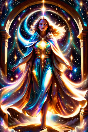 a female  angel shrouded in cloak of light and stars decends down to earth ,portals,light being,stars,enchanted,fantasy,visionary art