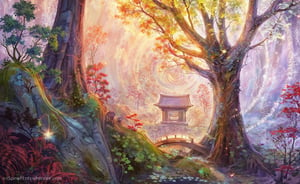 A serene Japanese Zen garden in autumn, with a traditional wooden bridge arching over a koi pond, surrounded by meticulously raked gravel and vibrant red, orange, and yellow maple trees. The garden is framed by a low stone lantern and a moss-covered stone path leading to a small, peaceful teahouse. The scene is bathed in soft, golden late afternoon light, casting long shadows and highlighting the autumn foliage. The composition is balanced, with the bridge and pond in the foreground, and the teahouse and trees in the background, creating a sense of tranquility and harmony.,environment overlayed with ripples of fractal energy (masterpiece, best quality, ultra-detailed),visionary art ,fractals,light energy,psychedelic,trippy, LSD visuals  