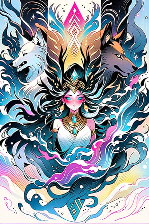 visionary art ,pen ink art medium ,Dark Dramatic Ancient Elegant Egyptian Goddess and a wolf spirit, by Anna Dittmann and android jones, Vibrant, done with Watercolour and pen ink, visionary art, symmetrical ,visionary art,Flat art , 6 colors. Heavy line weight. Illustration scene Dark Dramatic Ancient Elegant Egyptian Rain Goddes and her wolf and dragon water spirits, Simplistic. Minimalistic. Vibrant color. no shading . No highlights . Flat art