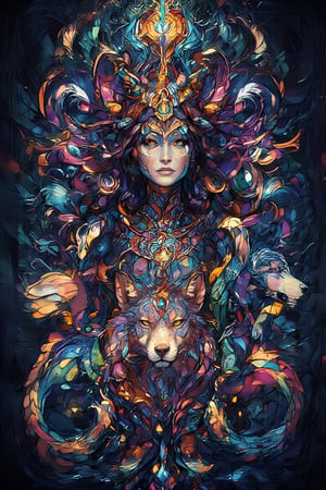 visionary art ,pen ink art medium ,Dark Dramatic Ancient Elegant  Goddess with  a wolf spirit and dragon spirit , a dragon on at the bottom center, a wolf top center , woman in the middle , by Anna Dittmann and android jones, Vibrant, done with Watercolour and pen ink, visionary art, symmetrical ,visionary art,Flat art , 6 colors. Heavy line weight. Illustration scene Dark Dramatic Ancient Elegant Egyptian Rain Goddes and her wolf and dragon water spirits, Simplistic. Minimalistic. Vibrant color. no shading . No highlights . Flat art, rug design,