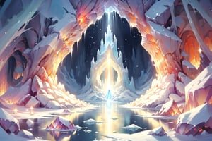 a crystal cave open up to a snow landscape with a giant portal of transcendent light  beaming up into the sky, 