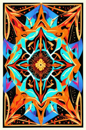 Vector rug design, art ready to print colorful  illustration , visionary art ,pen art, vector art, (symmetrical), a matrix of energy and light,,transparent caustics light ,epic composition,universal energy, uv pastel colours, sacred geometry, cosmic astral matrix of another reality,digitized vector, minimalist design,, simplistic, minimalistic, black ink, calligraphic lines,vector art illustration,professional vector, full design, 6 colors only , , solid, no shadows, full design, warm colors, pendleton isometric patterns, sticker, bright colors, vector art illustration,beautiful border design pattern, 