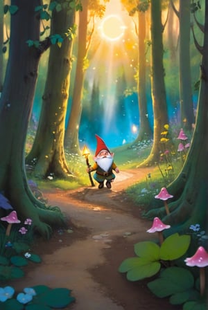 a little gnome walking  through a forest of the beaten path in a dense lush magical forest, three  quarters  view, large forest compared to the small gnome, dusk time, fire flies , sunset seen through the trees, whimsical  environment. the gnome is on the right side of the frame facing  left   towards  the center of the image and is walking towards the center of the  frame .