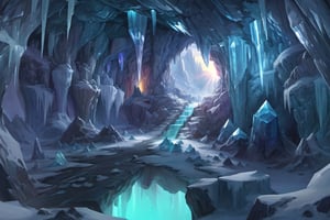 a crystal cave open up to a snow landscape with a giant portal of transcendent light  beaming up into the sky, 