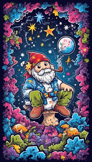 Rug design , digitized vector, minalmist design, visionary art style vector art, a gnome sitting on a mushroom smoking his pipe gazing up into the stars, fully immersed in the enchanting symphony of the night.,visionary art style, this gnome sits in a forest  fractals, vivid color, "psychedelic visionary art , Shamanic vision, esoteric, full body human,medium shot, perfect anatomy , psychedelic landscape  ,environment over layed with ripples of fractal energy fractals (masterpiece, best quality, vector-detailed), (perfect hands, perfect anatomy,perfect feet,perfect hands) perfect face, vector shading, clearly defined  line work, detailed background, anatomically correct, detailed hands, perfect eyes, expressive eyes, score_9, score_8_up, score_7_up, best quality, masterpiece, 4k,visionary art,