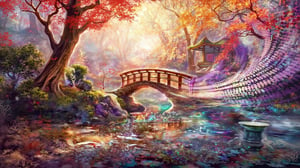 A serene Japanese Zen garden in autumn, with a traditional wooden bridge arching over a koi pond, surrounded by meticulously raked gravel and vibrant red, orange, and yellow maple trees. The garden is framed by a low stone lantern and a moss-covered stone path leading to a small, peaceful teahouse. The scene is bathed in soft, golden late afternoon light, casting long shadows and highlighting the autumn foliage. The composition is balanced, with the bridge and pond in the foreground, and the teahouse and trees in the background, creating a sense of tranquility and harmony.,environment overlayed with ripples of fractal energy (masterpiece, best quality, ultra-detailed),visionary art ,fractals,light energy,psychedelic,trippy, LSD visuals  