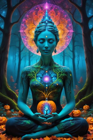 a forest of transcendence that opens up to the spirit realm surrounding breaking down physical reality into the spirit realm . human in meditation, fractals, vivid color, 
 . Spirit realm, metaphysical realm, esoteric,style , psychedelic landscape  , (masterpiece, best quality, ultra-detailed), (perfect hands, perfect anatomy), High detailed, detailed background, anatomically correct, beautiful face, detailed hands, perfect eyes, expressive eyes, score_9, score_8_up, score_7_up, best quality, masterpiece, 4k,visionary art,ULTIMATE LOGO MAKER [XL],bl4ckl1ghtxl,dd4ught3r,Halloween