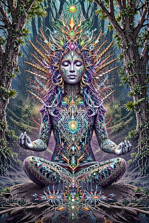 this person sits in a forest and transcends their ego mind  opens up to the spirit realm surrounding them. human in meditation, fractals, vivid color, "Visionary art is art that purports to transcend the physical world and portray a wider vision of awareness including spiritual or mystical themes, or is based in such experiences." , psychedelic visionary art ,animal spirits, ,spirits,spirit guides, . Shamanic visions , ayahuasca visions . Spirit realm, metaphysical realm, esoteric,style, full body human,medium shot, perfect anatomy , psychedelic landscape surrounding the person ,environment over layed with ripples of fractal energy (masterpiece, best quality, ultra-detailed), (perfect hands, perfect anatomy), High detailed, detailed background, anatomically correct, beautiful face, detailed hands, perfect eyes, expressive eyes, score_9, score_8_up, score_7_up, best quality, masterpiece, 4k,visionary art,ULTIMATE LOGO MAKER [XL],bl4ckl1ghtxl, by Jonathan Solter and Fabian Jimenez,ElohProjects, simon haiduk