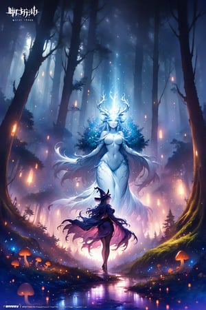 a beautiful curvaceous witch with a nice bottom walks through a dense fantasy forest that is filled with mushrooms and fairy's comes across a clearing with a glowing white stag in the clearing there is rays of light shining down onto the white stag which looking at the witch,digital concept art hd,rich tones,hdr,by brian froud