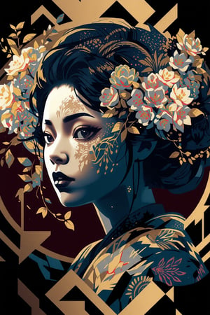 Pop Art  Pop Art  beautiful female geisha with floar Halftone geometric patterns]+ [ Sakura trees and leaves on the sides], dynamic, golden ratio, epic composition, visionary art, dmt, by Android Jones and Justin Totemical.  , proper anatomy, good hands, good feet,, black and white Coloring Pages , no shading, , Printable fantasy coloring book for adults ,  simple line art , vector lines, , , illustration, , A beautifully designed image, ink pen illustration in the style, . Crisp lines,  realistic, a page for a , high quality, better hands, better feet, extremely high-resolution details, photographic, , fine texture, incredibly lifelike perfect shadows, atmospheric lighting, volumetric lighting, sharp focus, focus on eyes, masterpiece,, simple image,  uv colors ,eon highlights,