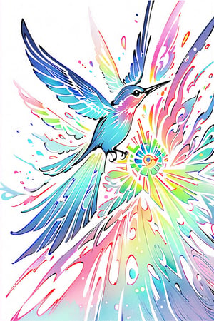 visionary art ,pen art,humming bird feeding from a flower, by Anna Dittmann and android jones, Vibrant, In Watercolour,pen art, visionary art, ,visionary art,Flat art , 6 colors. Heavy line weight. Illustration scene Simplistic. Minimalistic. Vibrant color. no shading . No highlights . Flat art