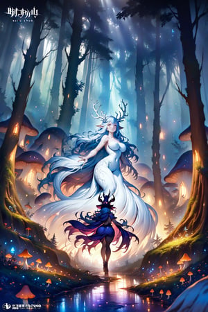 a beautiful curvaceous witch with a nice bottom walks through a dense fantasy forest that is filled with mushrooms and fairy's comes across a clearing with a glowing white stag in the clearing there is rays of light shining down onto the white stag which looking at the witch,digital concept art hd,rich tones,hdr,by brian froud