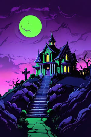 Pop Art medium shot of a halloween themed image, ,vampire manor on a hillside, green moon, clouds , from an anime-style illustration, rendered in realistic sketch style. The scene is within out of focus graveyard and night sky background that fades out of focus , adding depth and mystery.5 colors, simple image, colors, neon green, neon purple, dark blue, neon orange,dark purple,proper lighting effects