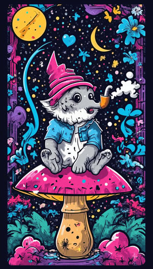 Rug design , digitized vector, minimalist design, visionary art style vector art, a  cute gnome sitting on a mushroom smoking his pipe gazing up into the stars, fully immersed in the enchanting symphony of the night.,visionary art style, this gnome sits in a forest  full body gnome sitting down on a mushroom, fantasy world , fractals, vivid color, "psychedelic visionary art , Shamanic vision, esoteric, full body human,medium shot, perfect anatomy , psychedelic landscape  , ripples of fractal energy background (masterpiece, best quality, vector-detailed), (perfect hands, perfect anatomy,perfect feet,perfect hands) perfect face, vector shading, clearly defined  line work, detailed background, anatomically correct, detailed hands, perfect eyes, expressive eyes, score_9, score_8_up, score_7_up, best quality, masterpiece, 4k,visionary art,