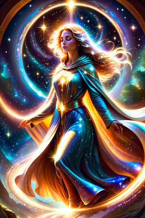 a female  angel shrouded in cloak of light and stars descends down to earth ,portals of light ,light being,stars,enchanted,fantasy,visionary art,dynamic beautiful environment , 