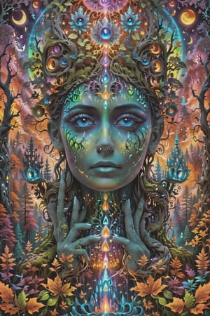 a forest of transcendence that opens up to the spirit realm surrounding breaking down physical reality into the spirit realm . human in meditation, fractals, vivid color, 
 . Spirit realm, metaphysical realm, esoteric,style , psychedelic landscape  , (masterpiece, best quality, ultra-detailed), (perfect hands, perfect anatomy), High detailed, detailed background, anatomically correct, beautiful face, detailed hands, perfect eyes, expressive eyes, score_9, score_8_up, score_7_up, best quality, masterpiece, 4k,visionary art,ULTIMATE LOGO MAKER [XL],bl4ckl1ghtxl,dd4ught3r,halloween