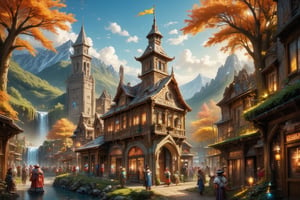  Beautiful Elven university and storybook cottages and shops  in a Fantasy Elven Village in autumn , mountains and waterfalls in the distance,Cobblestone road,atmospheric sun rays, gnomes elf villagers walking around,Trees, Hyperdetailed, colourful, digital Concept art, done on procreate,lightroom, Renaissance architecture, Lovely, Picturesque, Art by Eddie Mendoza, Studio Ghibli, Geometric Jean-baptiste Monge, Ivan Shishkin, Jordan Grimmer, An Jung-Hwan, yoann lossel, marc simonetti, HD, 8k,