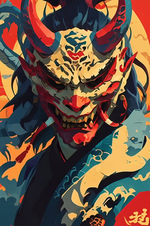 Pop Art medium shot of oni mask an a serpant,snake and  oni , japanese devil mask with a snake, panoramic view,, fine texture, incredibly lifelike perfect shadows,vector art, volumetric lighting, sharp focus, focus on eyes, masterpiece,, simple image, the oni is breathing out smoke, uv colors ,eon highlights,
 proper anatomy , no shading, simple line art , vector lines, , , illustration, , A beautifully designed image, ink pen illustration in the style, . Crisp lines, realistic, a page for a , high quality, better hands, better feet, extremely high-resolution details, photographic, , fine texture, incredibly lifelike perfect shadows, atmospheric lighting, volumetric lighting, sharp focus,

