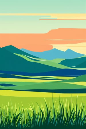 Flat art , 6 colors. Heavy line weight. Illustration scene  of a grassland with mountains in the distance environment. Simplistic.  Minimalistic.  Vibrant color.  no shading . No highlights . Flat art