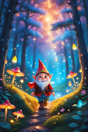 a little gnome walking  through a forest , three  quarters  view, large forest small gnome, dusk time, fire flies , sunset seen through the trees, whimsical  environment. 