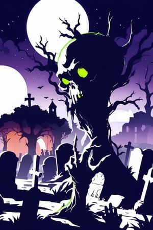 Pop Art medium shot of a halloween themed image, spooky tree with a creepy face:1.8 in a graveyard a skeleon breaking out of the ground seen in the foreground, from an anime-style illustration,tree with a spooky face a skeleon hand coming out of the ground in the foreground, rendered in realistic sketch style. The scene is within out of focus graveyard and night sky background that fades out of focus , adding depth and mystery.5 colors, simple image,  simple image, colors, neon green, neon purple, dark blue, neon orange,dark purple,proper lighting effects