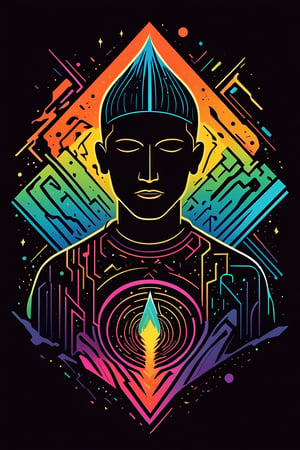 character silhouette,  Vector t shirt art ready to print colorful graffiti illustration ,  visionary art ,pen art, vector art, (symmetrical), spirit guide among a matrix of energy and light,, divine being in the comsic astral matrix of another reality,, digitized vector, minimalist design,, simplistic,  minimalistic, black ink, calligraphic lines,vector art illustration,professional vector, full design,(( 6 colors only )), solid, no shadows, full design, warm colors, pendleton isometric patterns, sticker, bright colors, vector art illustration,,Flat vector art,pencil sketch