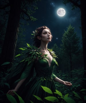 tree spirit female dryad  walking through a moonlit forest, low angle shot, looking up to the star filled  sky, style of artgerm ,WLOP,, Vitaly Morozov , android jones,Justin Totemical trending on Artstation