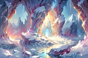 a crystal cave open up to a snow landscape with a giant portal of transcendent light  beaming up into the sky, 