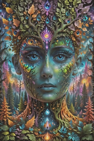 a forest of transcendence that opens up to the surroundings breaking down physical reality into the spirit realm . , fractals, vivid color, 
 . Spirit realm, metaphysical realm, esoteric,style , psychedelic landscape  , (masterpiece, best quality, ultra-detailed), (perfect hands, perfect anatomy), High detailed, detailed background, anatomically correct, beautiful face, detailed hands, perfect eyes, expressive eyes, score_9, score_8_up, score_7_up, best quality, masterpiece, 4k,visionary art,ULTIMATE LOGO MAKER [XL],bl4ckl1ghtxl,dd4ught3r,Halloween,visionary art style