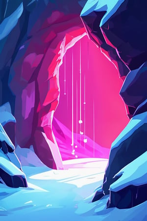 Flat art , 6 colors. Heavy line weight. Illustration scene  of a a crystal cave open up to a snow landscape with a giant portal of transcendent light beaming up into the sky, . Simplistic.  Minimalistic.   Spider webs. Vibrant color.  no shading . No highlights . Flat art