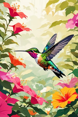 Flat art , 6 colors. Heavy line weight. Illustration, Picturesque, environment. Simplistic. Minimalistic.Vibrant color. no shading . No highlights . Flat art,(illustration),Pop Art Close-up shot of aa hummingbird feeding from a flower,from an anime-style illustration, rendered in realistic sketch style. The scene is framed within a out of focus garden background that fades , adding depth and mystery.